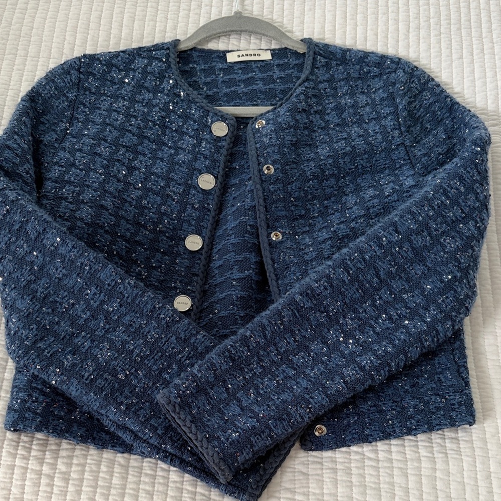 Sandro Navy Tweed Button-Front Cardigan
